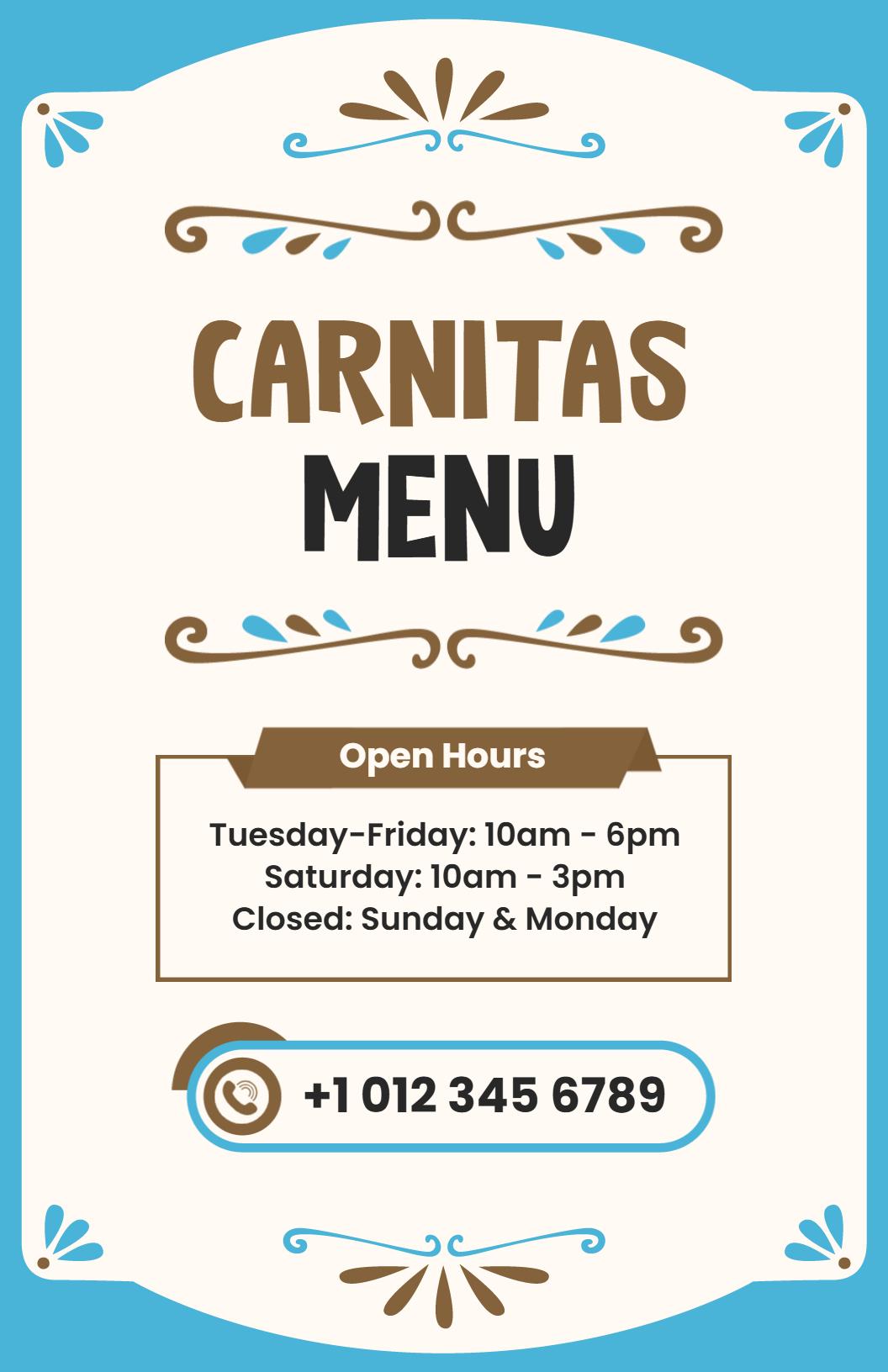Vibrant Blue Themed Carnitas Restaurant Menu Template