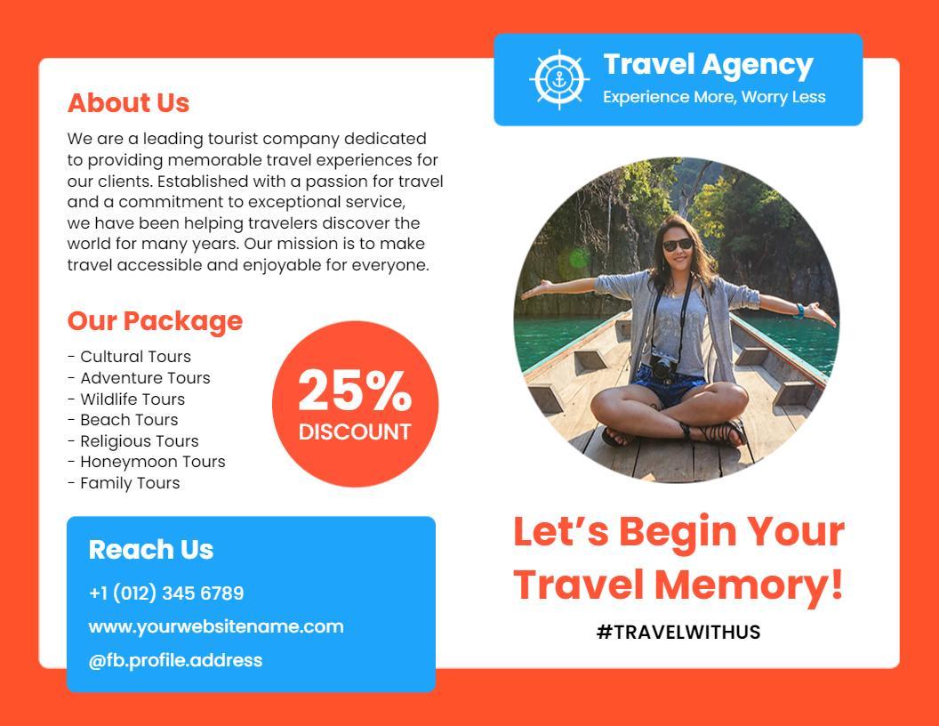 Vibrant Blue Travel Agency Adventure Tours Discount Brochure Template