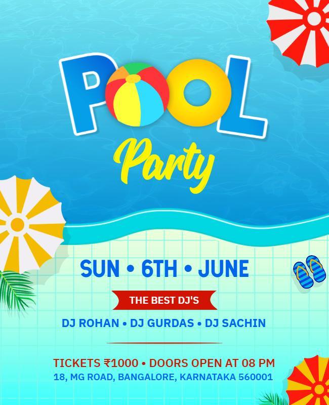 Vibrant Blue Tropical Pool Party Celebration Poster Template
