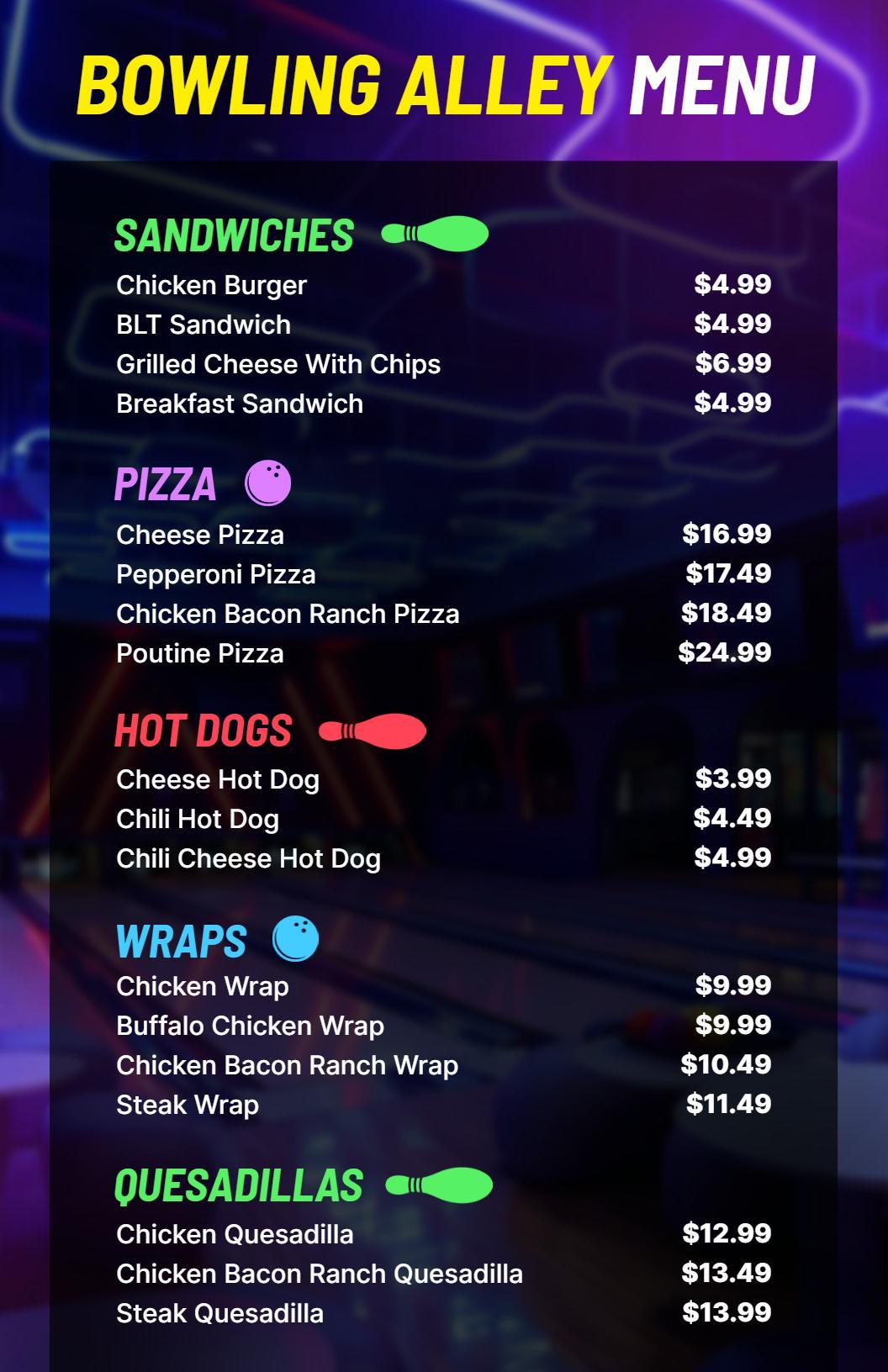 Vibrant Bowling Alley Sandwiches and Pizza Menu Template