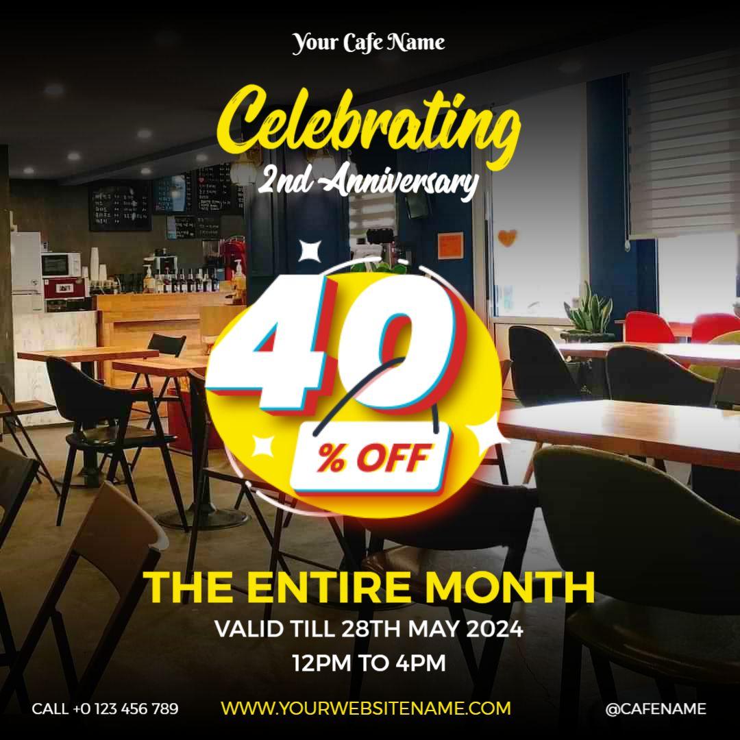 Vibrant Cafe 2nd Anniversary Celebration with 40% Off Ad Template