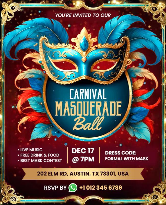 Vibrant Carnival Masquerade Ball Celebration Poster Template