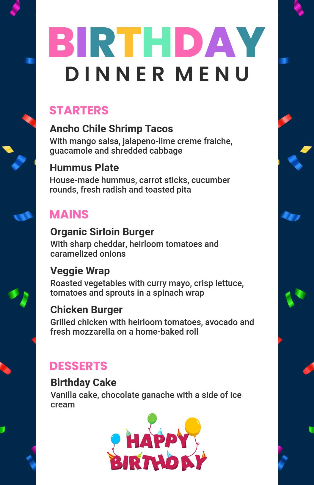 Vibrant Celebration Birthday Dinner Menu Template
