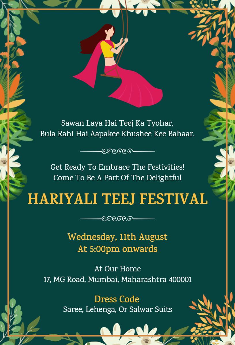 Vibrant Celebratory Hariyali Teej Festival Invitation Template