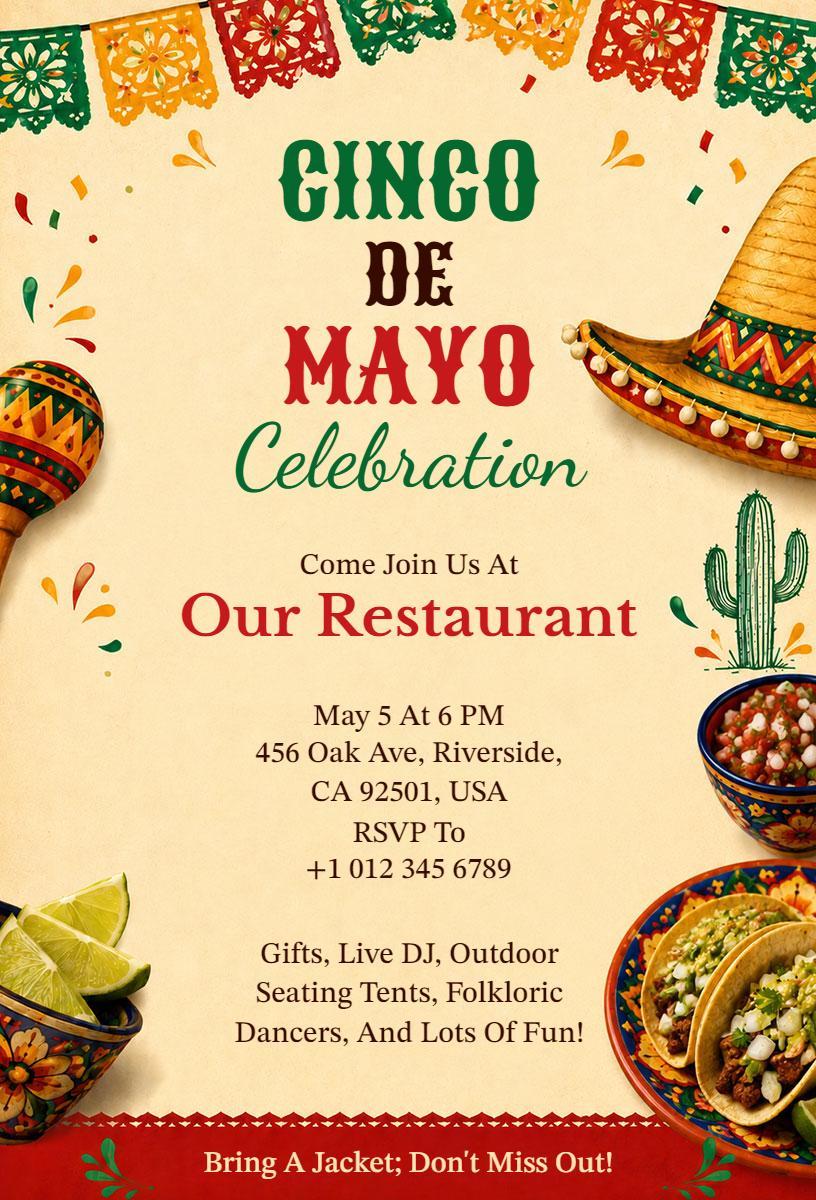 Vibrant Cinco De Mayo Restaurant Celebration Invitation Template