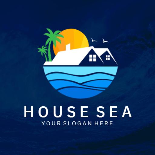 Vibrant Coastal Sunset with Houses Near the Sea Logo Template