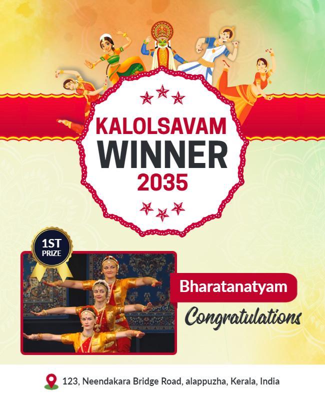 Vibrant Colorful Bharatanatyam Dance Competition Winner Poster Template