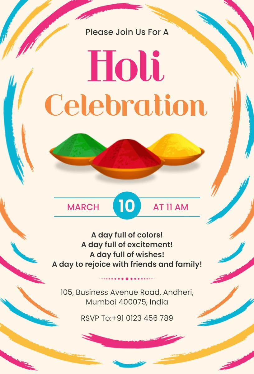 Vibrant Colorful Holi Festival Celebration Invitation Template