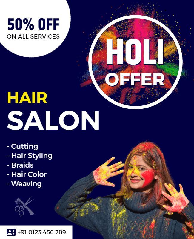 Vibrant Colorful Holi Festival Hair Salon Offer Poster Template