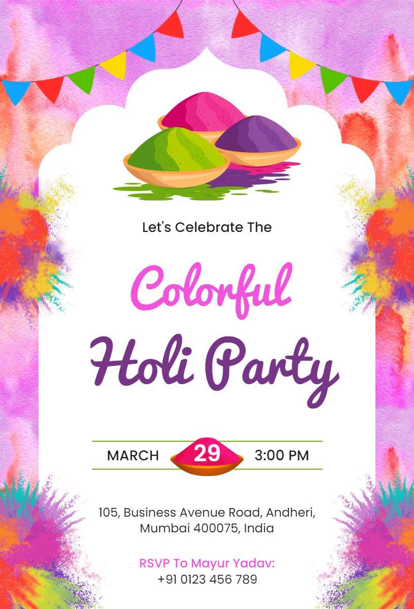 Vibrant Colorful Holi Festival Party Celebration Invitation Template
