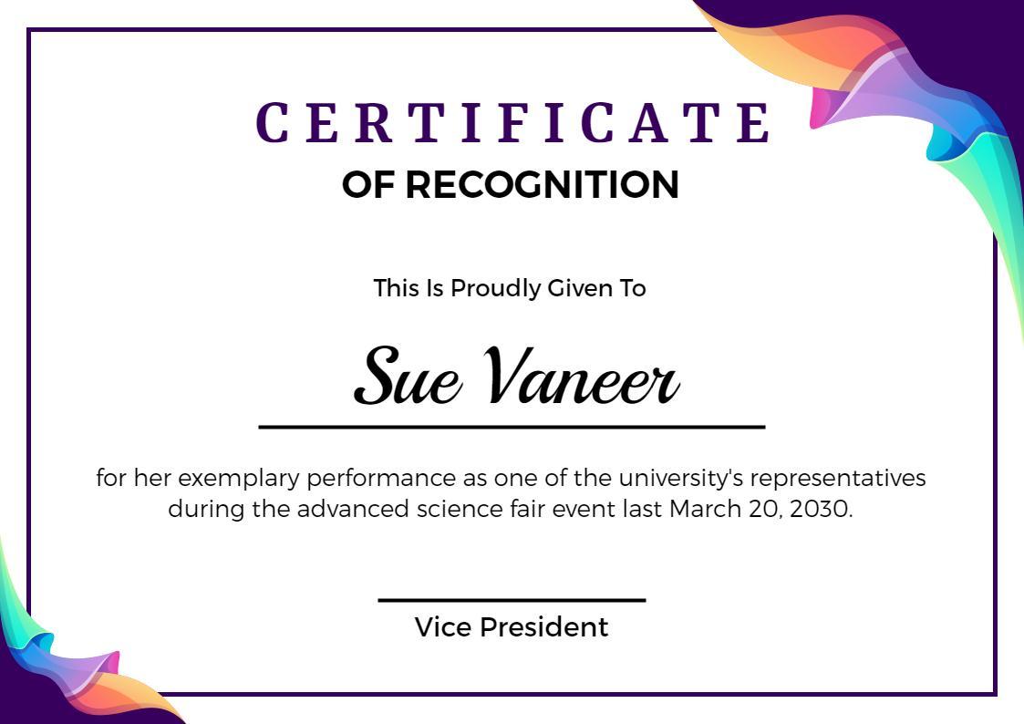Vibrant Colorful Recognition Certificate for Achievement Template
