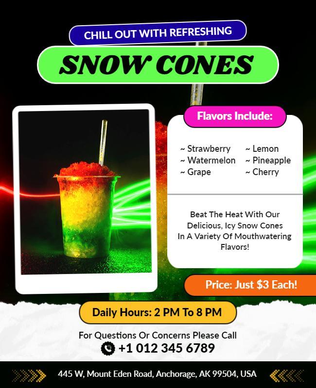 Vibrant Colorful Snow Cones Refreshment Menu Poster Template