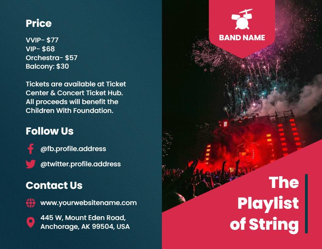 Vibrant Concert Event Ticket Pricing and Artist Lineup Brochure Template