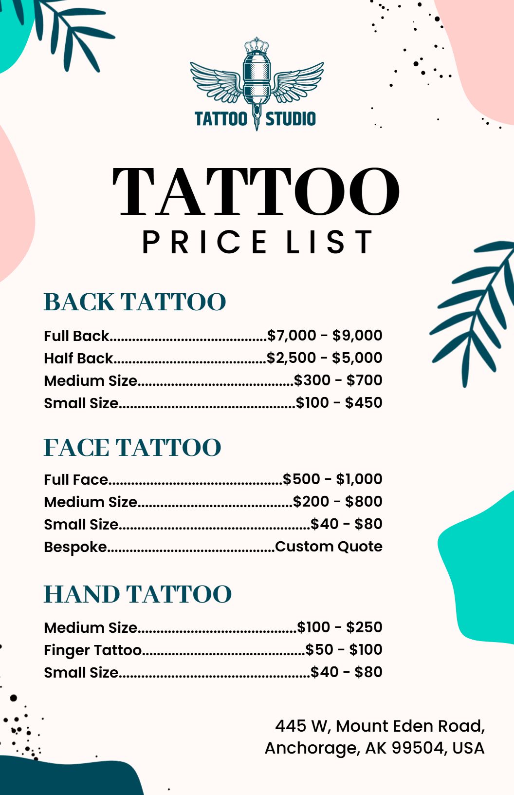 Vibrant Coral and Aqua Tattoo Service Price List Template