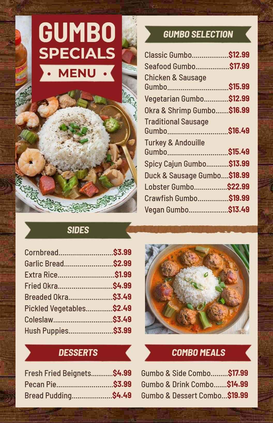 Vibrant Creole Cuisine Gumbo Specials Menu Template
