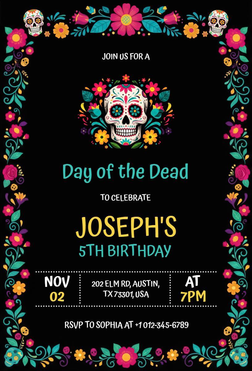 Vibrant Day of the Dead Birthday Fiesta Invitation Template