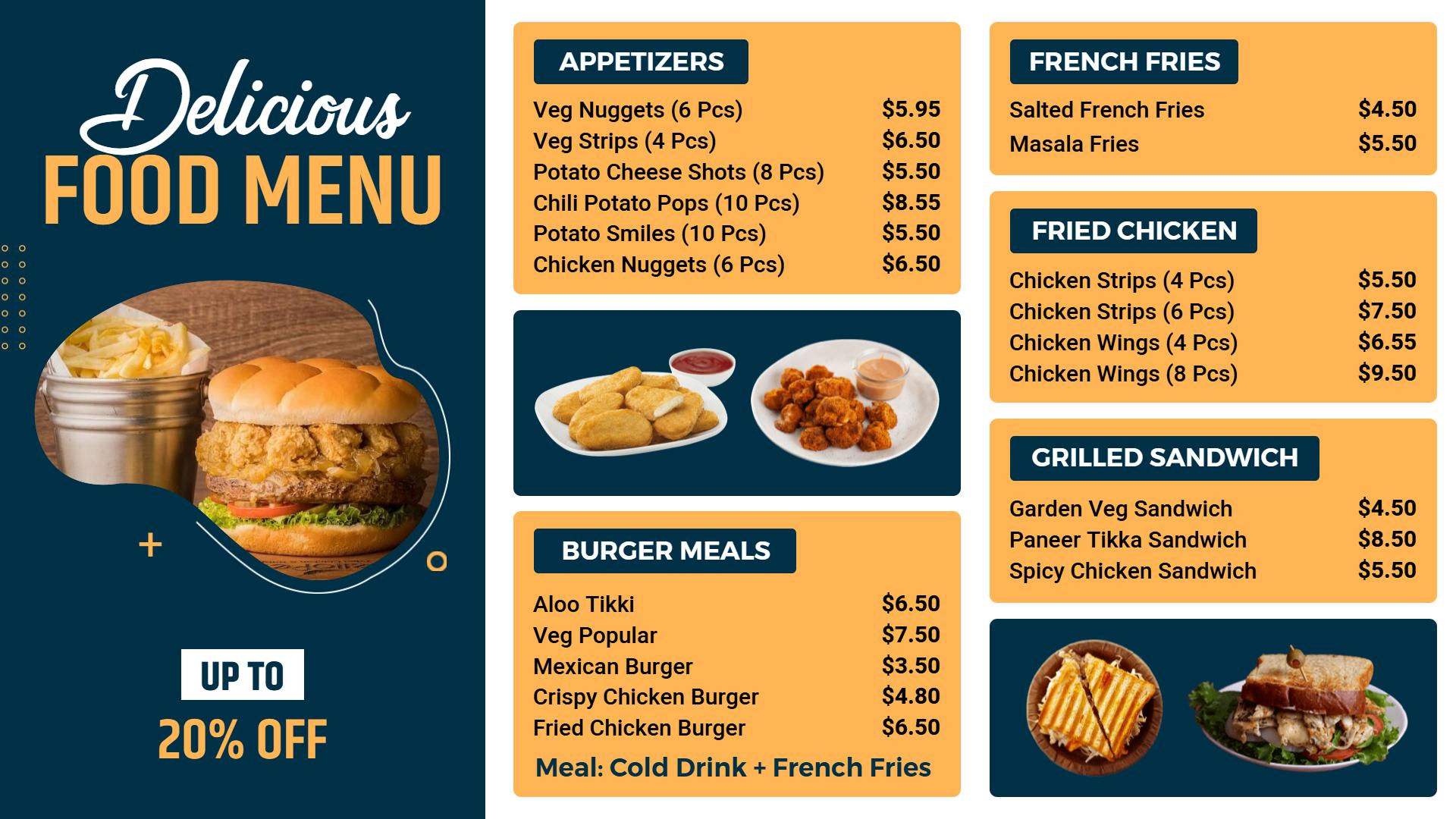 Vibrant Delicious Burger and Fried Food Menu Template