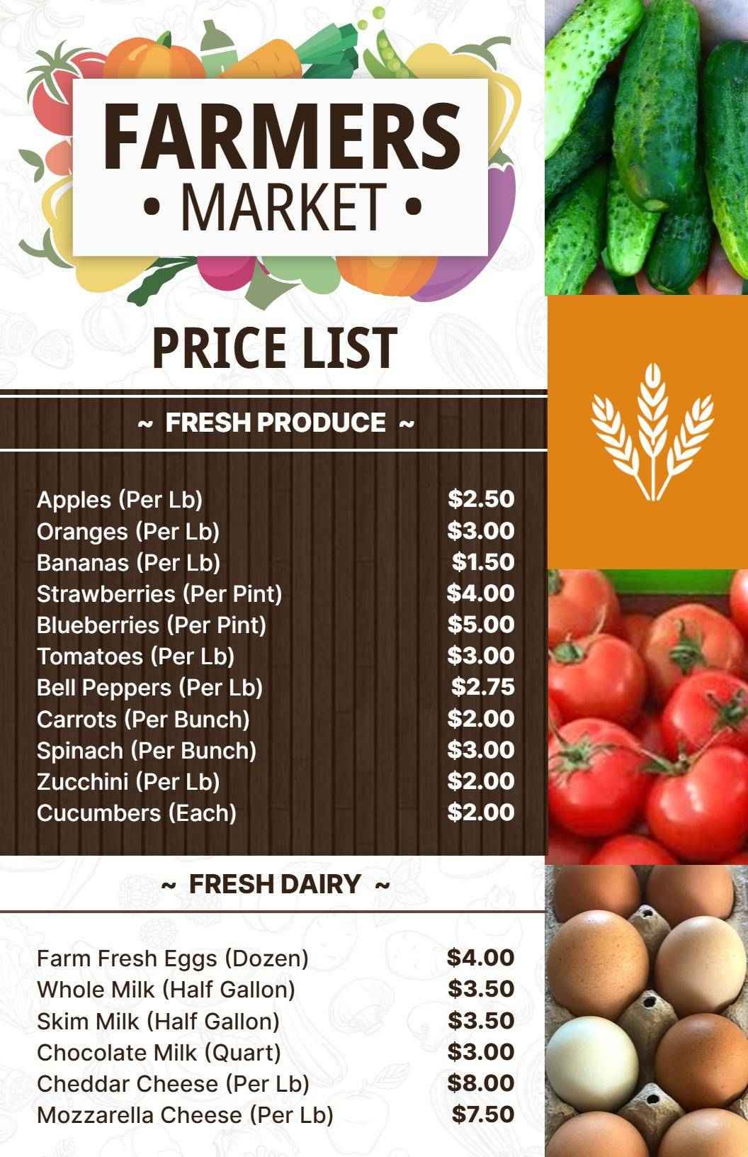 Vibrant Farmers Market Food Items Price List Template