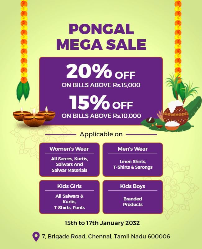Vibrant Festive Green Pongal Mega Sale Shopping Poster Template