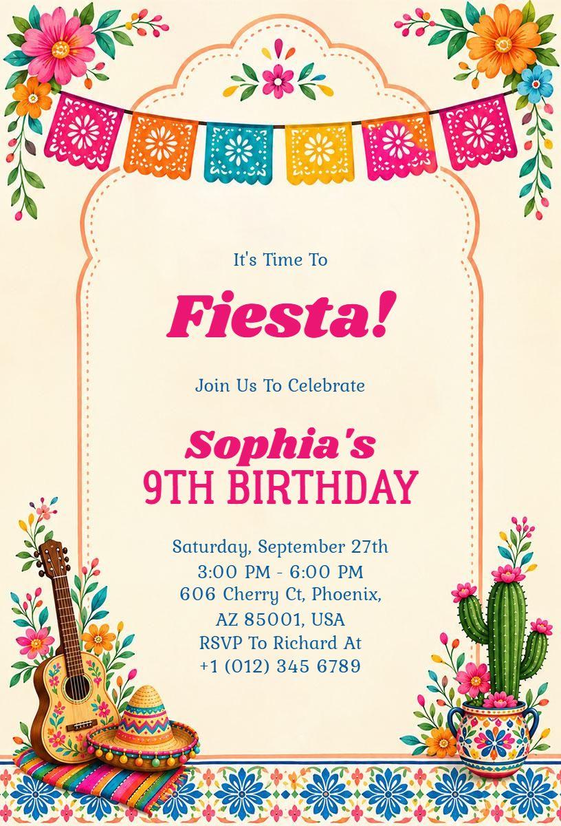 Vibrant Fiesta Theme 9th Birthday Celebration Invitation Template