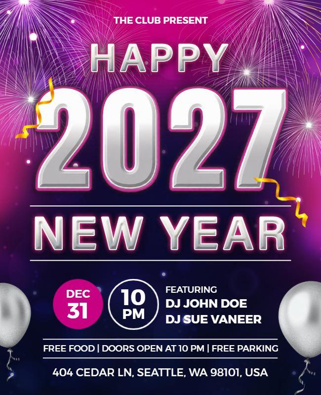 Vibrant Fireworks New Year 2027 Celebration Party Flyer Template