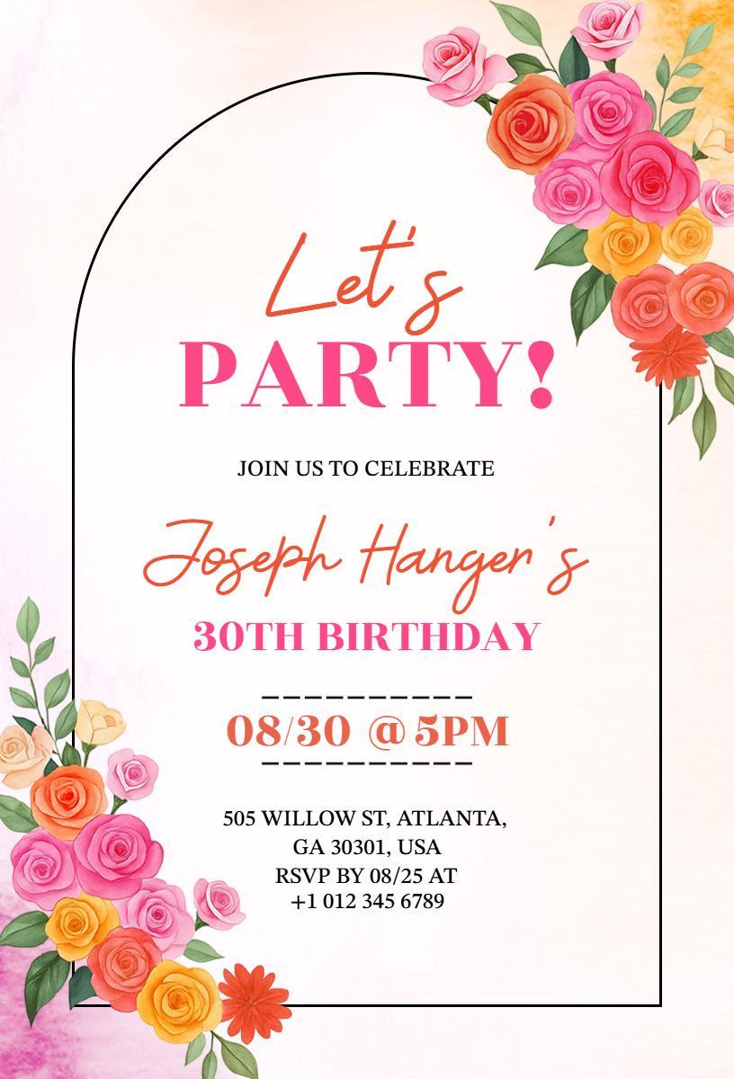 Vibrant Floral 30th Birthday Celebration Invitation Template
