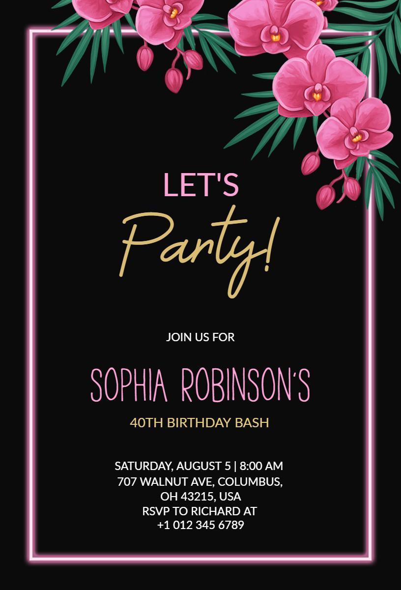 Vibrant Floral 40th Birthday Bash Celebration Invitation Template