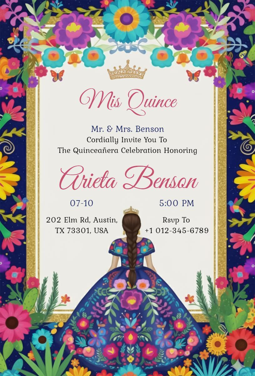 Vibrant Floral Princess Quinceanera Celebration Invitation Template