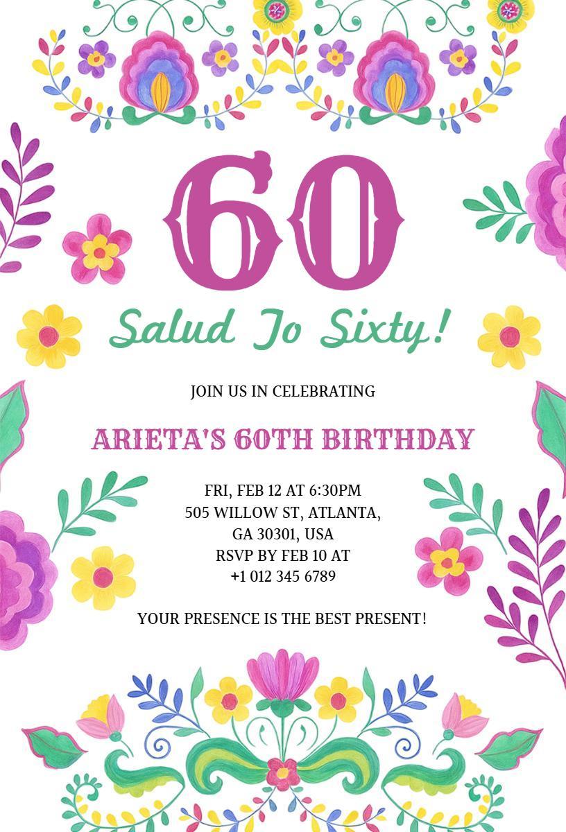 Vibrant Floral Sixty Birthday Celebration Invitation Template
