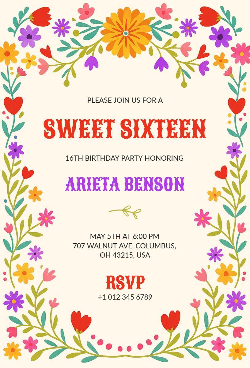Vibrant Floral Sweet 16 Birthday Party Celebration Invitation Template