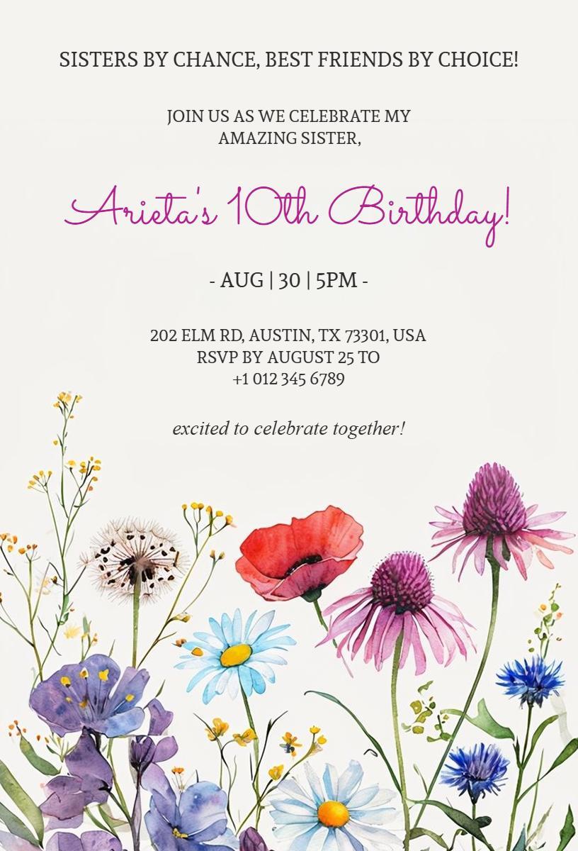 Vibrant Floral Theme 10th Birthday Celebration Invitation Template