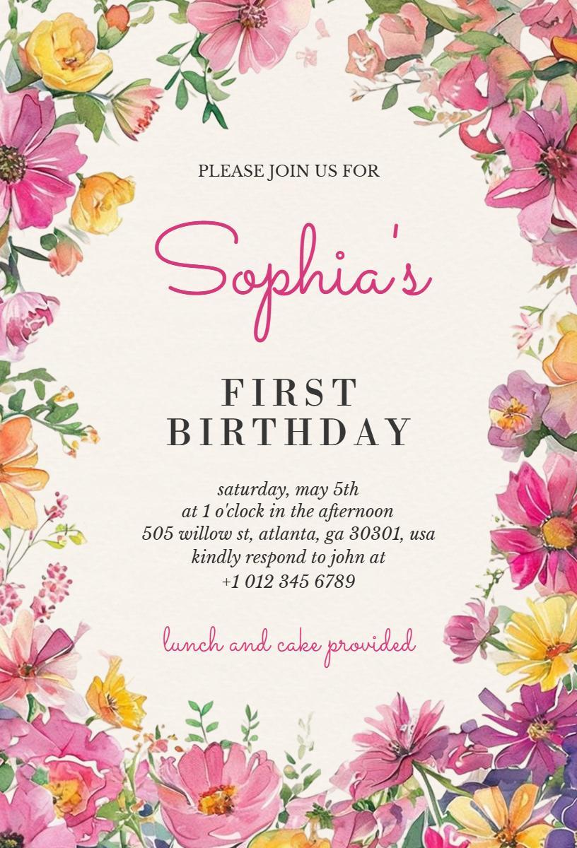 Vibrant Floral Theme First Birthday Celebration Invitation Template