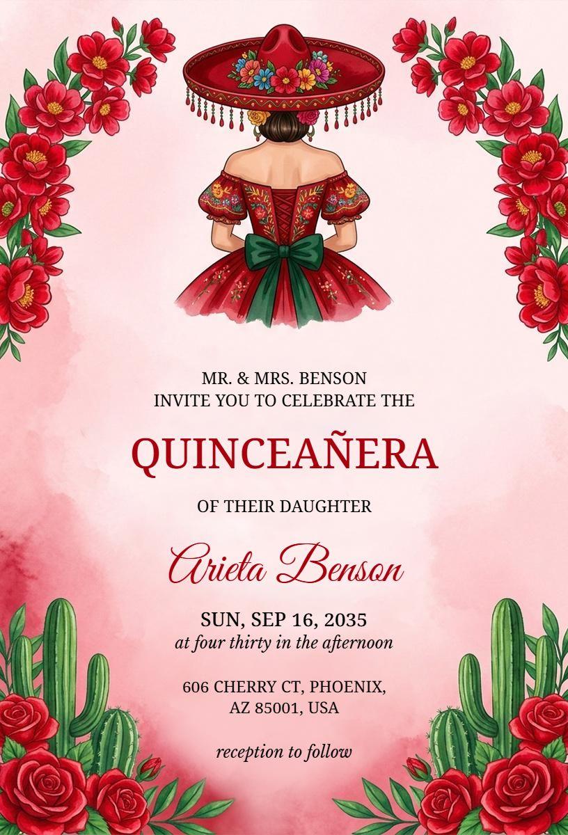 Vibrant Floral Traditional Quinceanera Celebration Invitation Template
