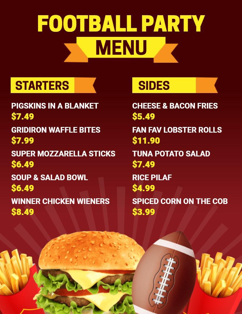 Vibrant Football Party Snacks Menu Template