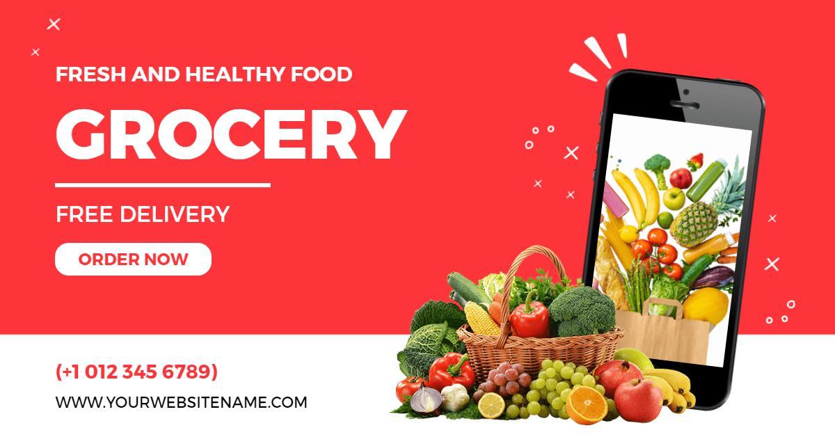 Vibrant Fresh Grocery Delivery with Colorful Fruits Facebook Ad Template