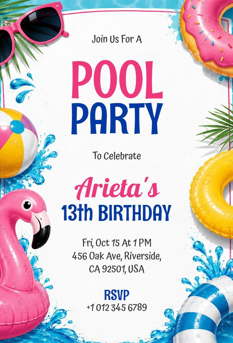 Vibrant Fun Pool Party Celebration Birthday Invitation Template