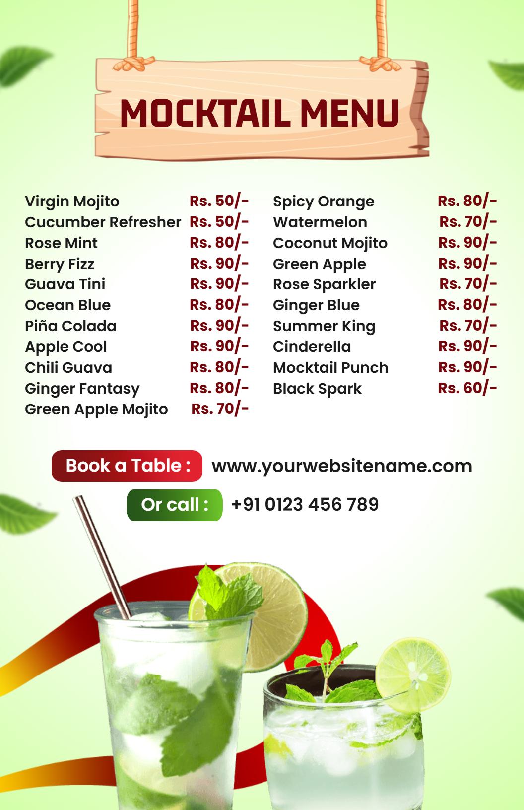 Vibrant Green and Red Fresh Mocktail Varieties Menu Template