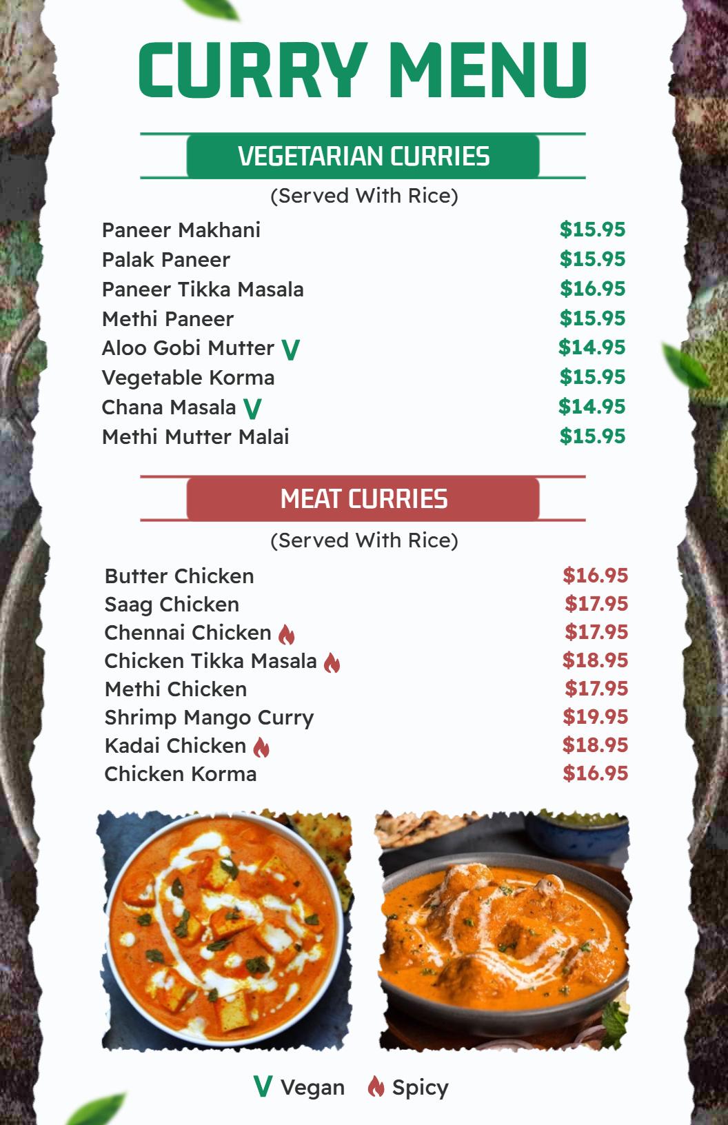Vibrant Green and Red Modern Curry Selection Menu Template