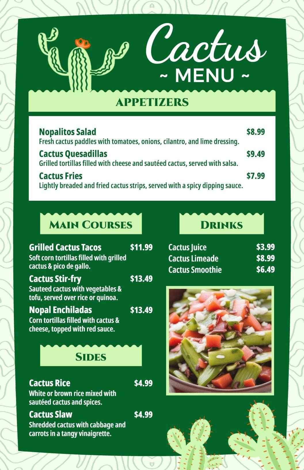 Vibrant Green Cactus Appetizer and Main Course Menu Template