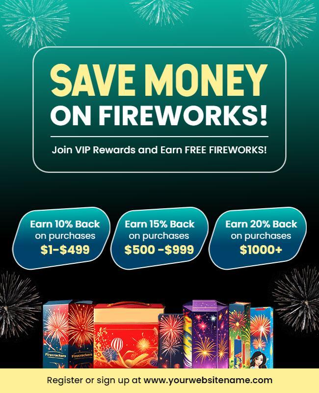 Vibrant Green Fireworks Savings Rewards Promotion Poster Template