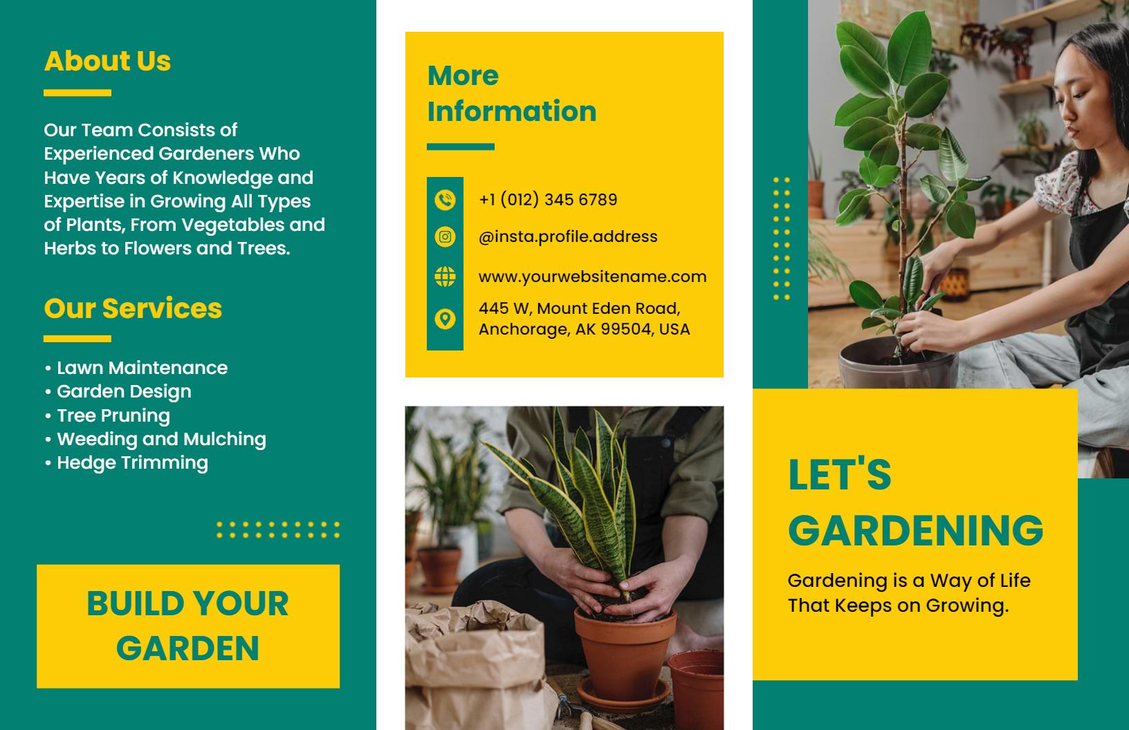 Vibrant Green Gardening Services and Plant Care Brochure Template