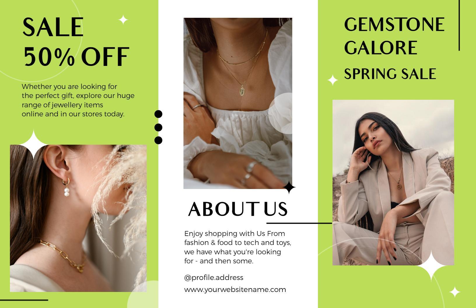 Vibrant Green Gemstone Jewelry Sale Promotional Brochure Template