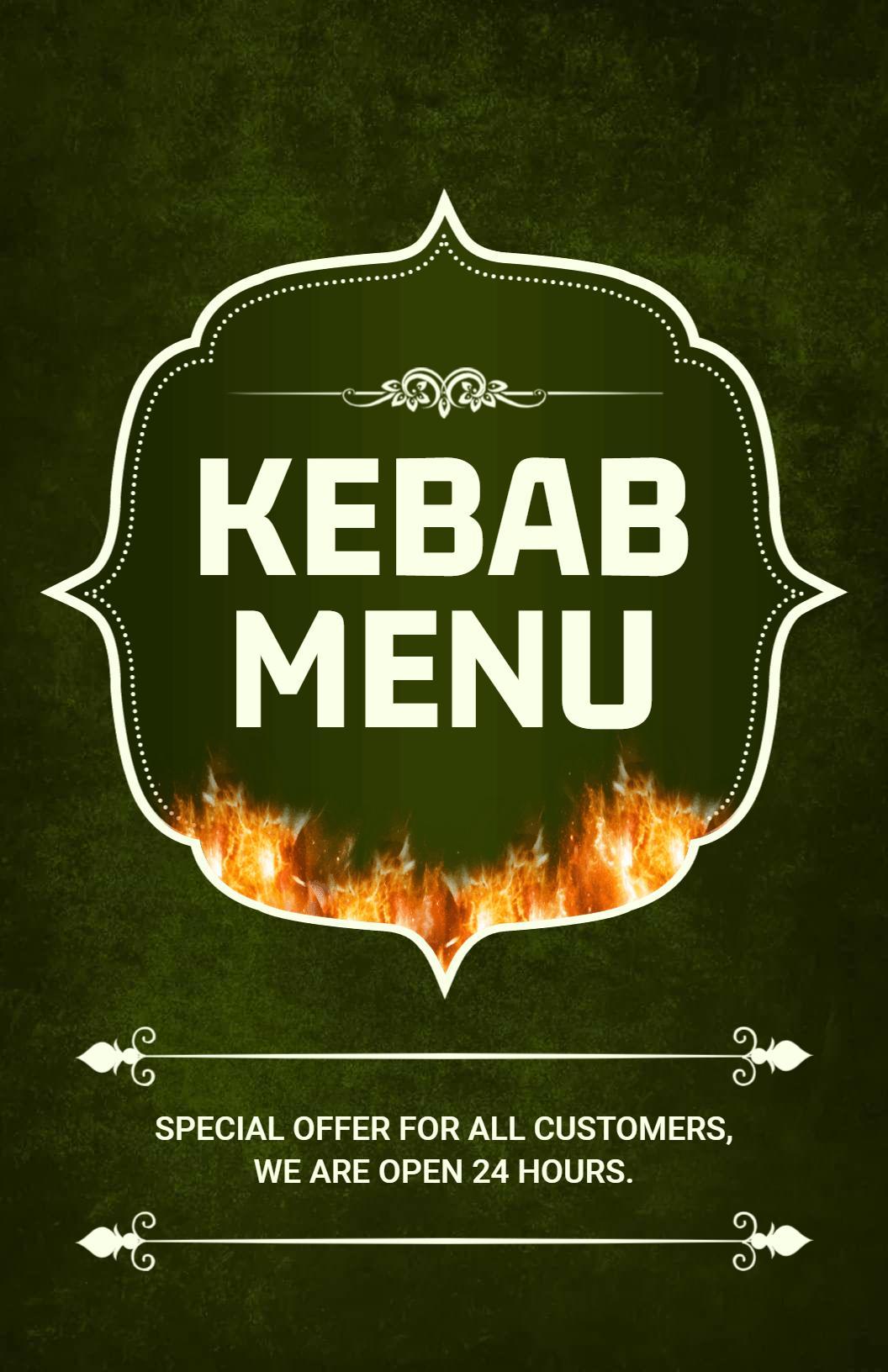 Vibrant Green Gourmet Kebab Specialties Display Menu Template
