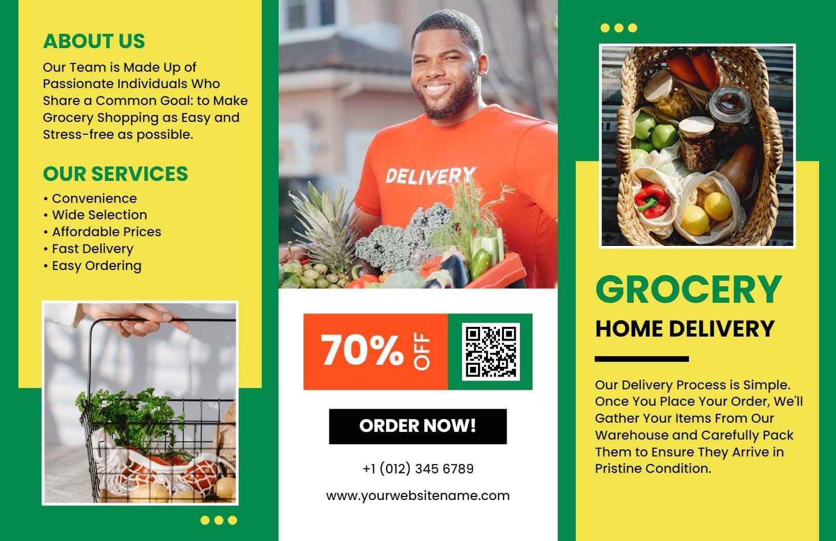 Vibrant Green Grocery Home Delivery Services Brochure Template