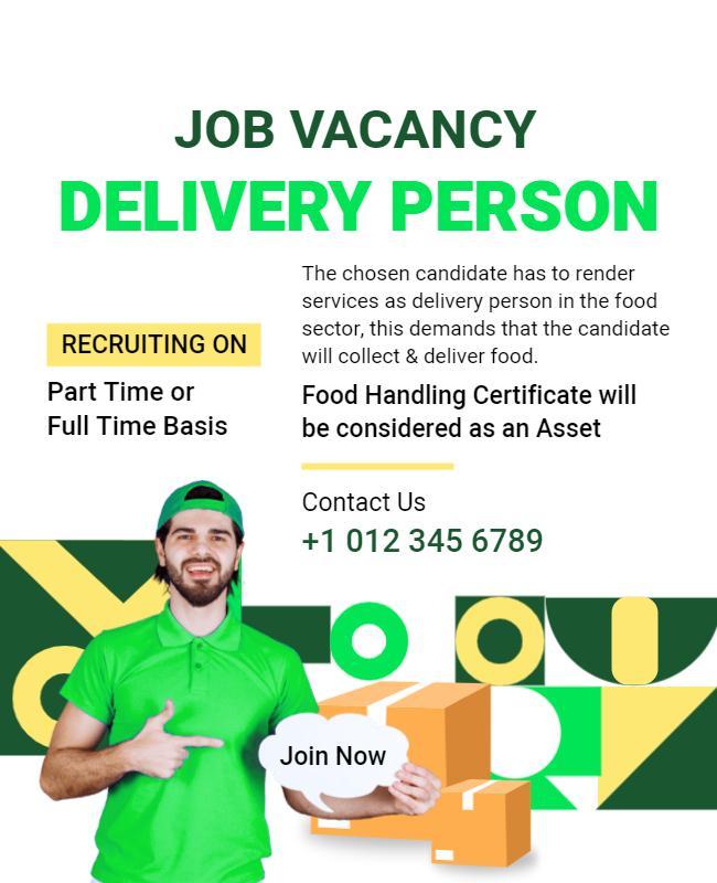 Vibrant Green Job Vacancy Delivery Person Recruitment Poster Template