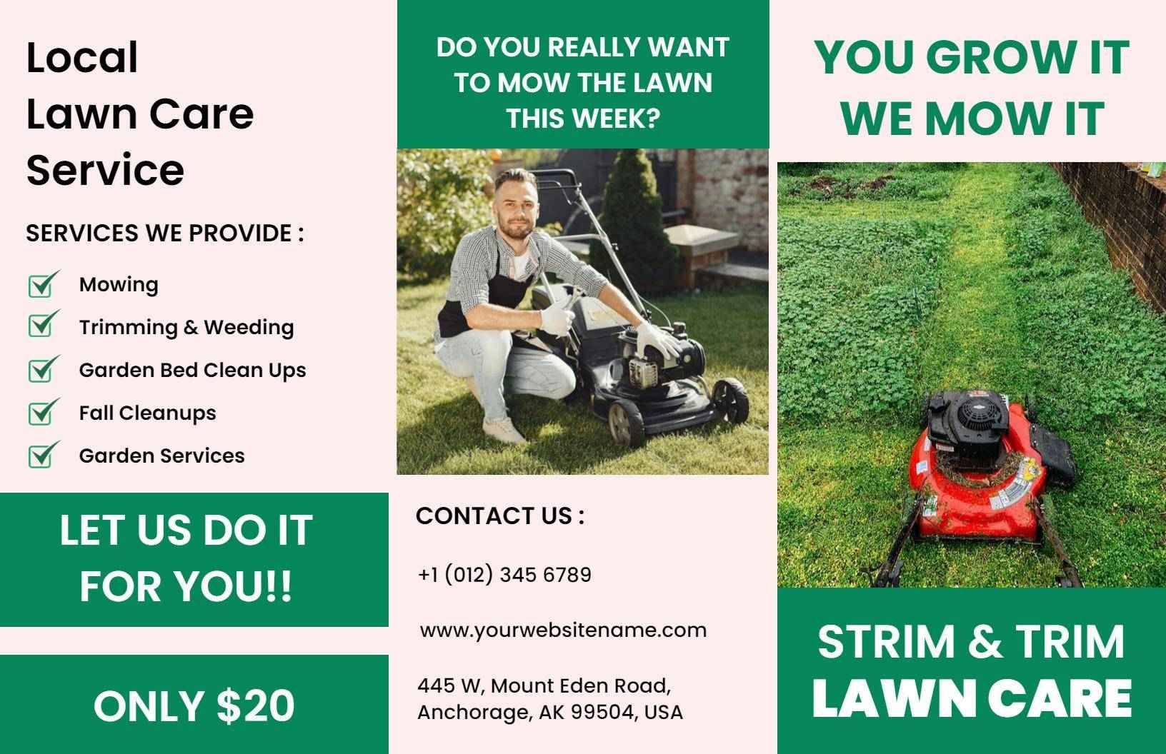 Vibrant Green Lawn Care Services Mowing and Trimming Brochure Template