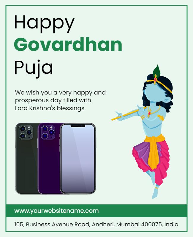 Vibrant Green Lord Krishna Govardhan Puja Celebration Poster Template