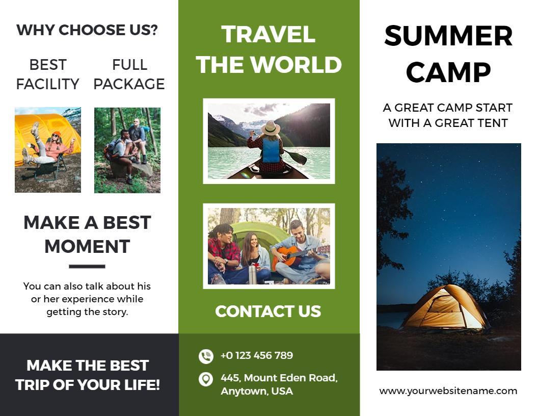 Vibrant Green Outdoor Activities Summer Camp Brochure Template