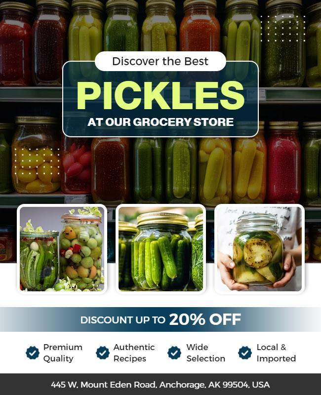 Vibrant Green Pickles Grocery Store Discount Poster Template