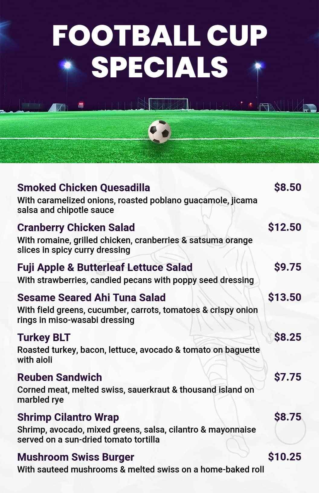 Vibrant Green Pitch Football Cup Delight Menu Template